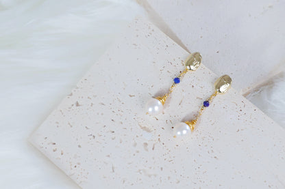 Gold Pearl Drop Long Earrings with Blue Beads