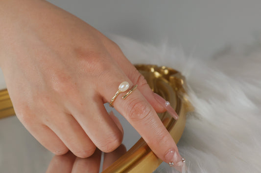 Gold Minimalist Freshwater Pearl Bamboo Ring