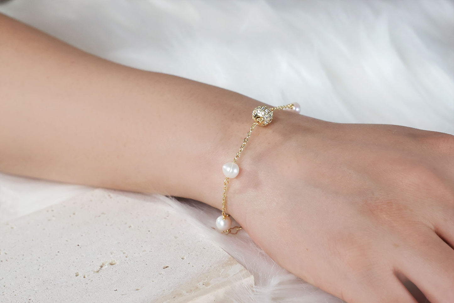 Pearl Satellite Bracelet with Gold CZ disco ball