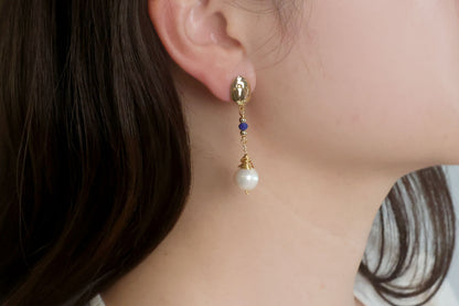 Gold Pearl Drop Long Earrings with Blue Beads