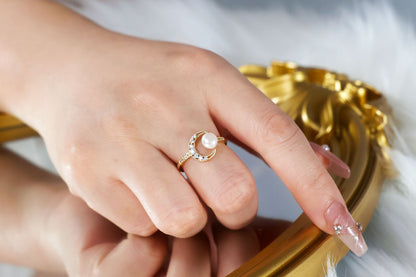 Gold Crescent Moon Open Ring with Freshwater Pearl