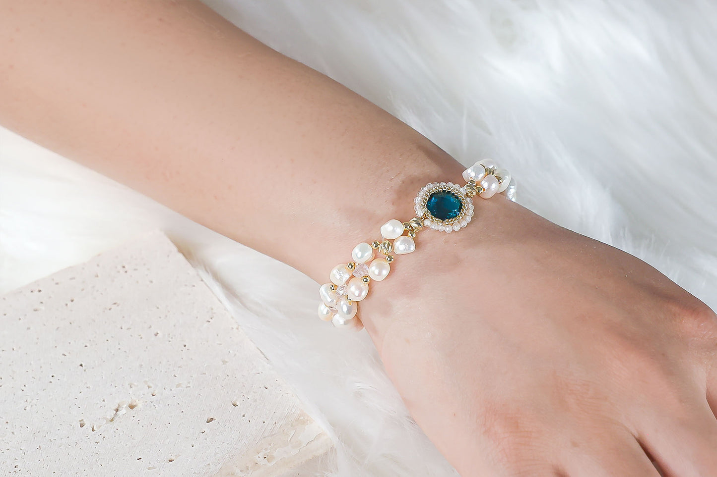 Double Layer Pearl Beaded Bracelet with Green Gemstone