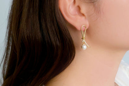 Freshwater Pearl Gold Knot Drop Earrings, Best Gift Ideas