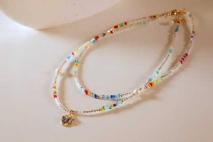 Colorful seed bead double layer necklace with butterful pandant