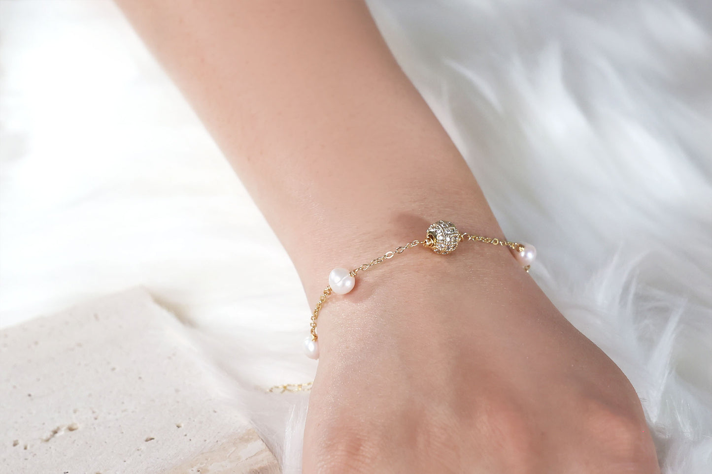 Pearl Satellite Bracelet with Gold CZ disco ball