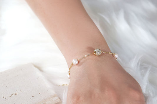 Pearl Satellite Bracelet with Gold CZ disco ball