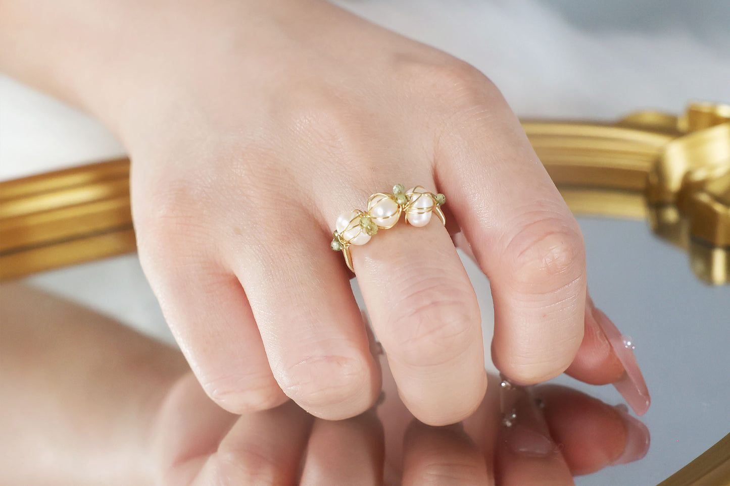 Gold Delicate Handmade Rings with Green Crystal