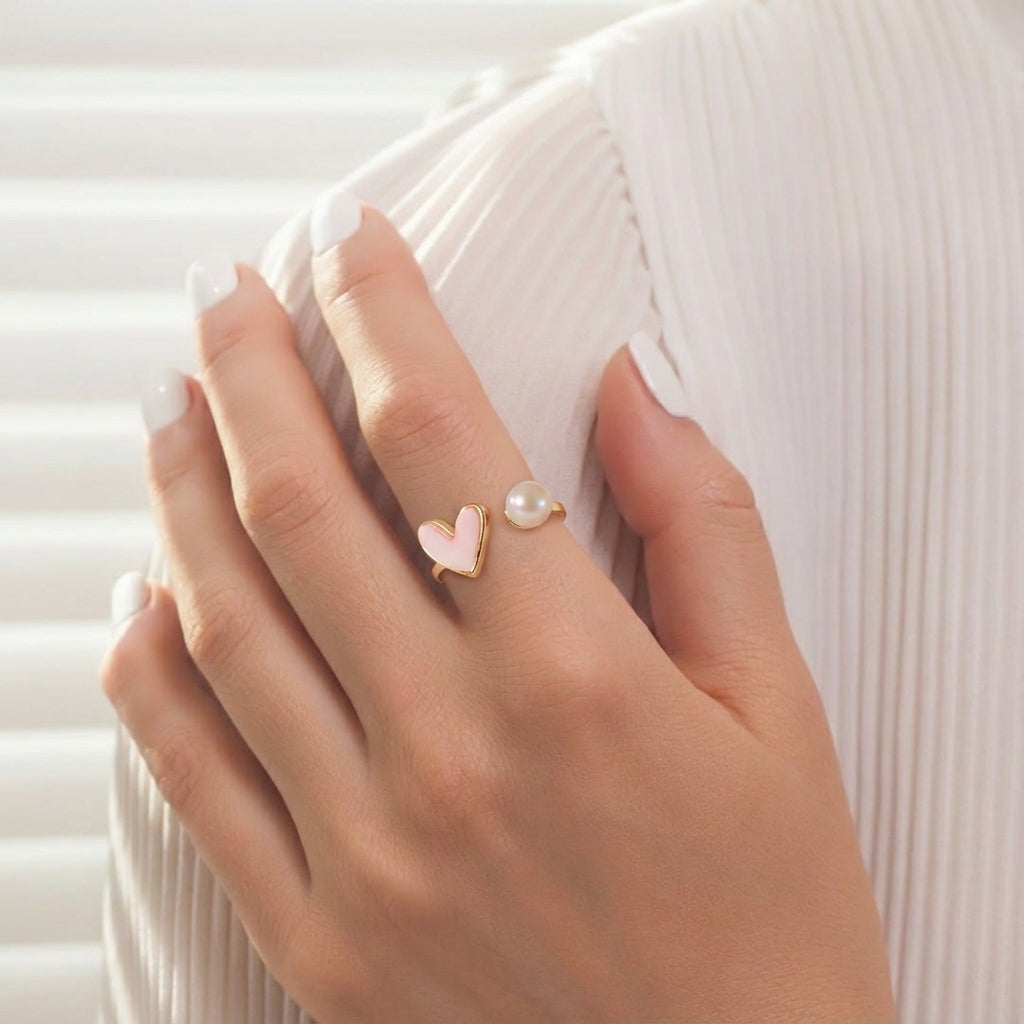 Romantic Pink Heart with Pearl Ring