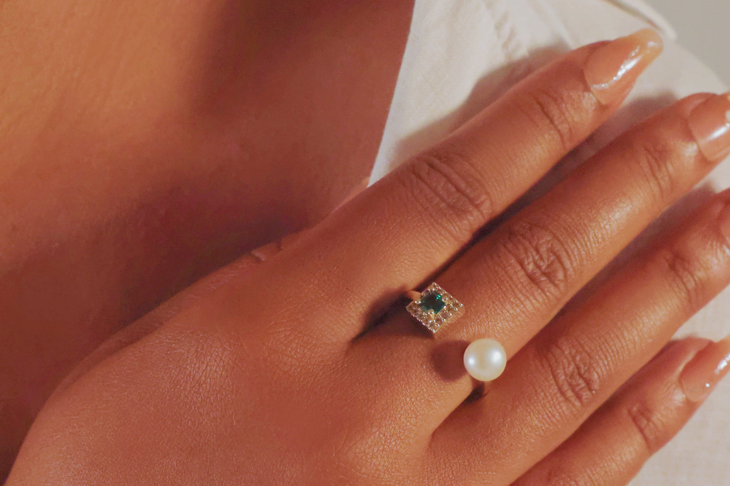 Emerald & Freshwater Open Pearl Ring