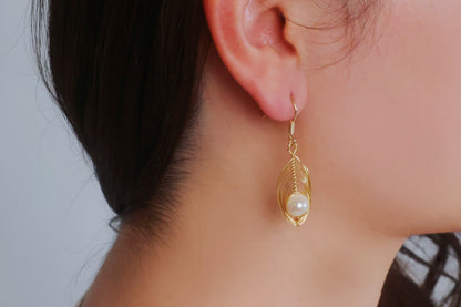 Unique Leaf Handmade Earring with Freshwater Pearls