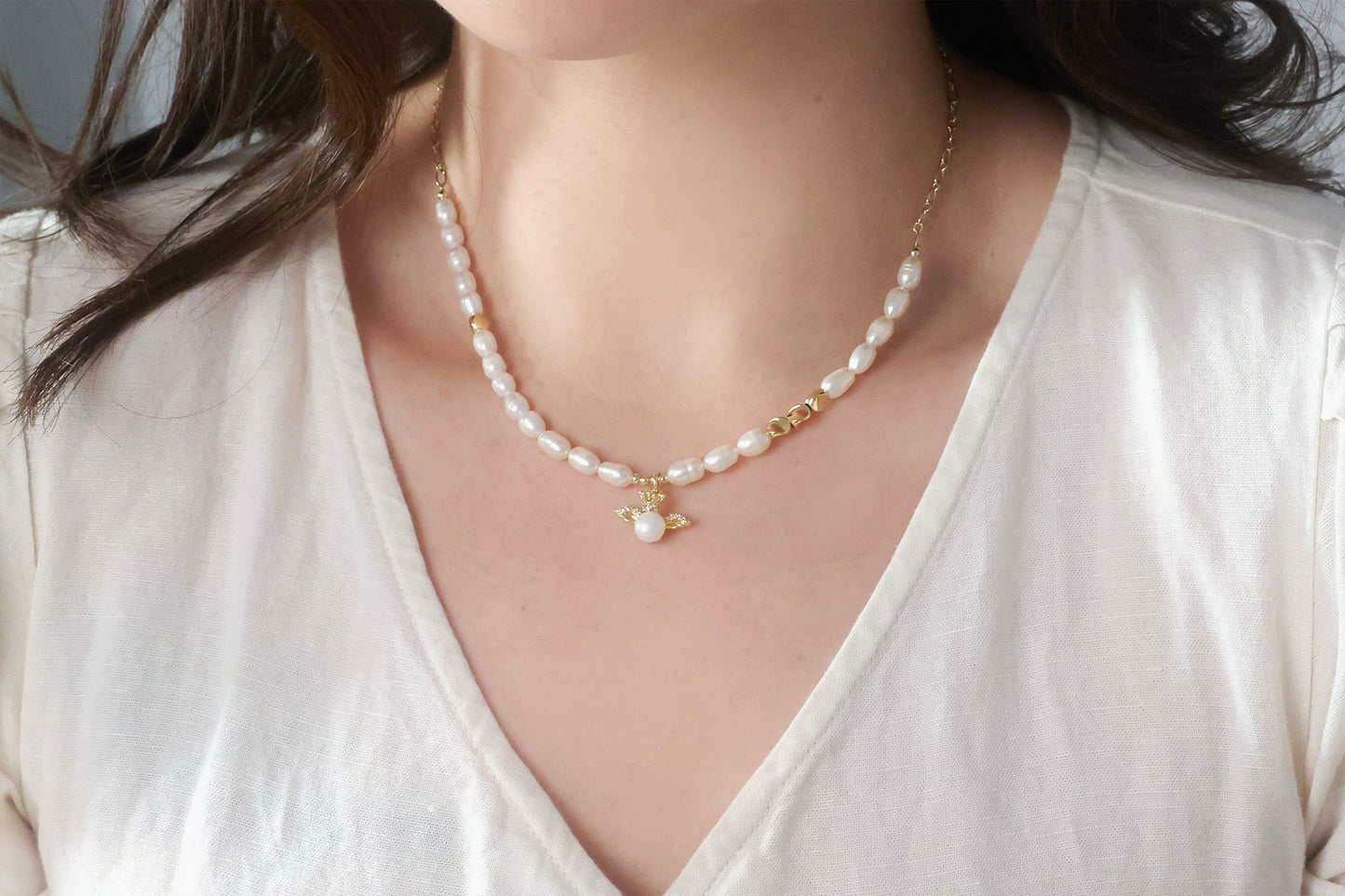 Pearl Beads Necklace with Angel Pendant