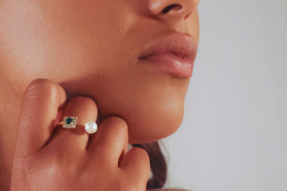 Emerald & Freshwater Open Pearl Ring