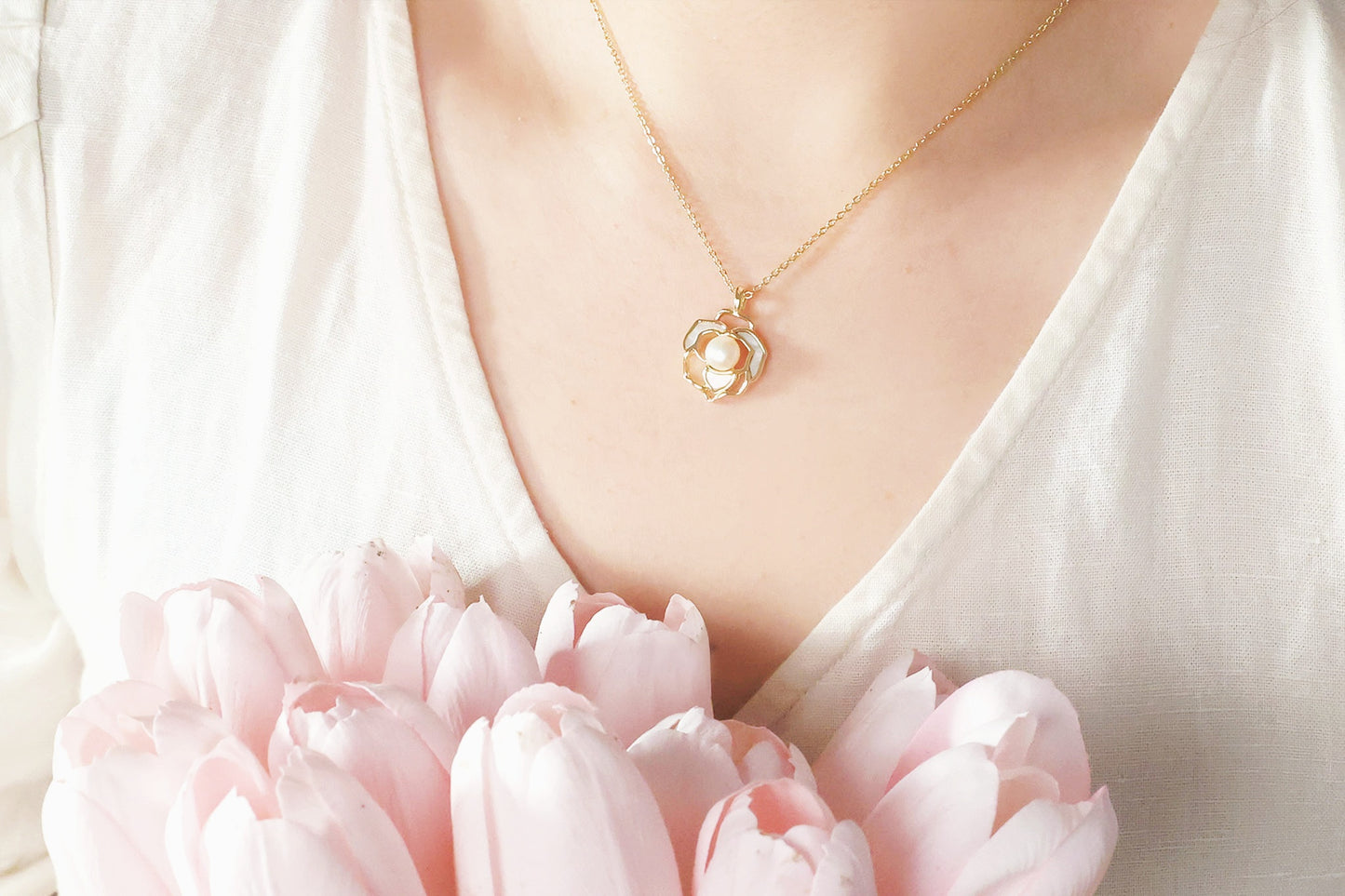 Gold Chain Camellia Pearl Necklace