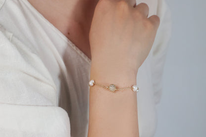 Pearl Satellite Bracelet with Gold CZ disco ball