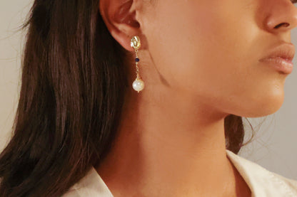 Gold Pearl Drop Long Earrings with Blue Beads