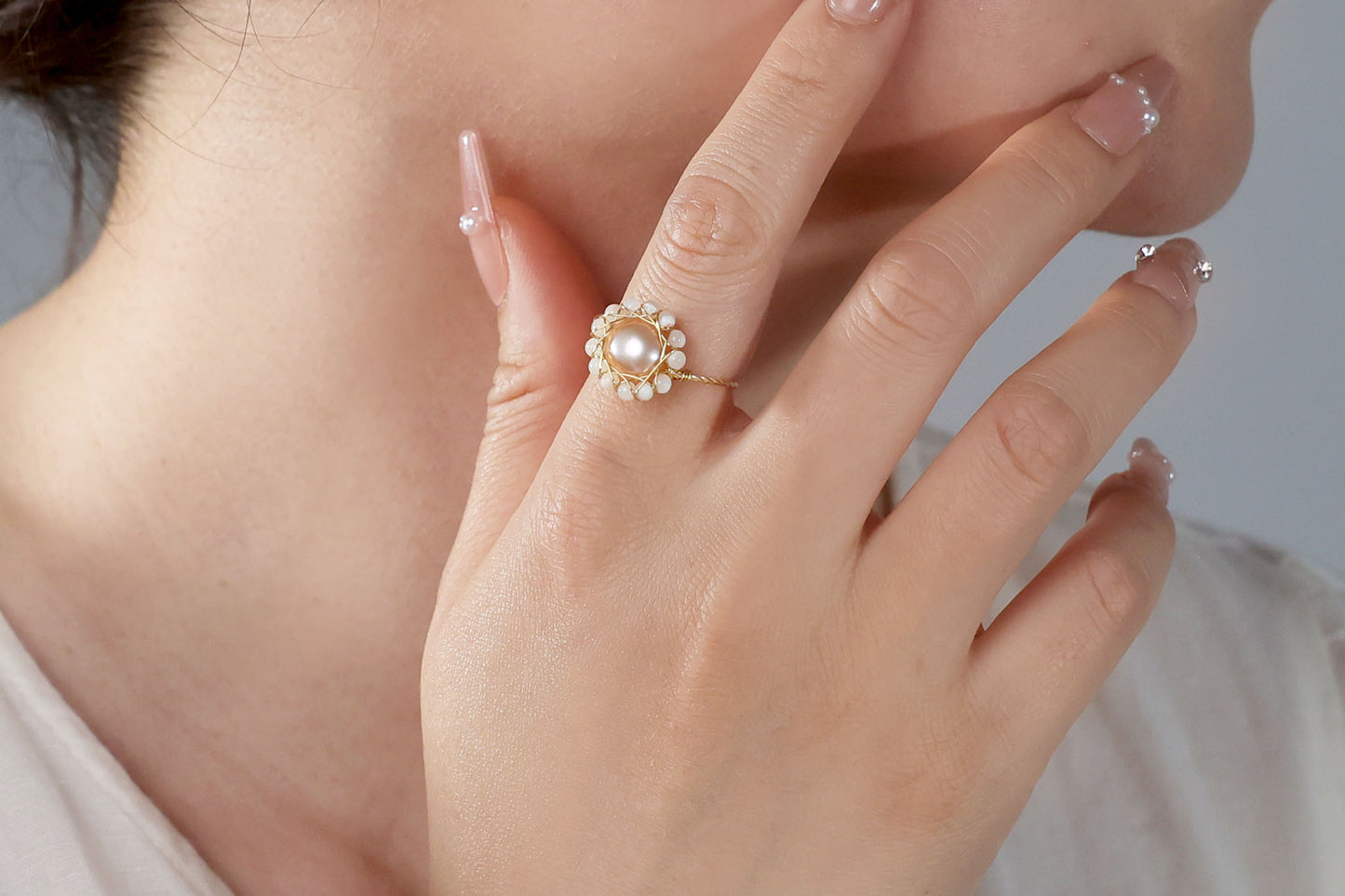 Adjustable Pink Floral Pearl Statement Ring, June Birthstone Goft