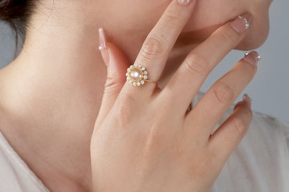 Adjustable Pink Floral Pearl Statement Ring, June Birthstone Goft