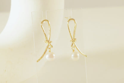 Gold Knot Freshwater Pearl Drop Earring