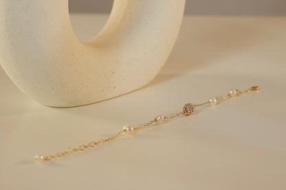 Pearl Satellite Bracelet with Gold CZ disco ball