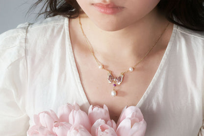 Gold Chain Purple Butterfly Necklace with Pearl