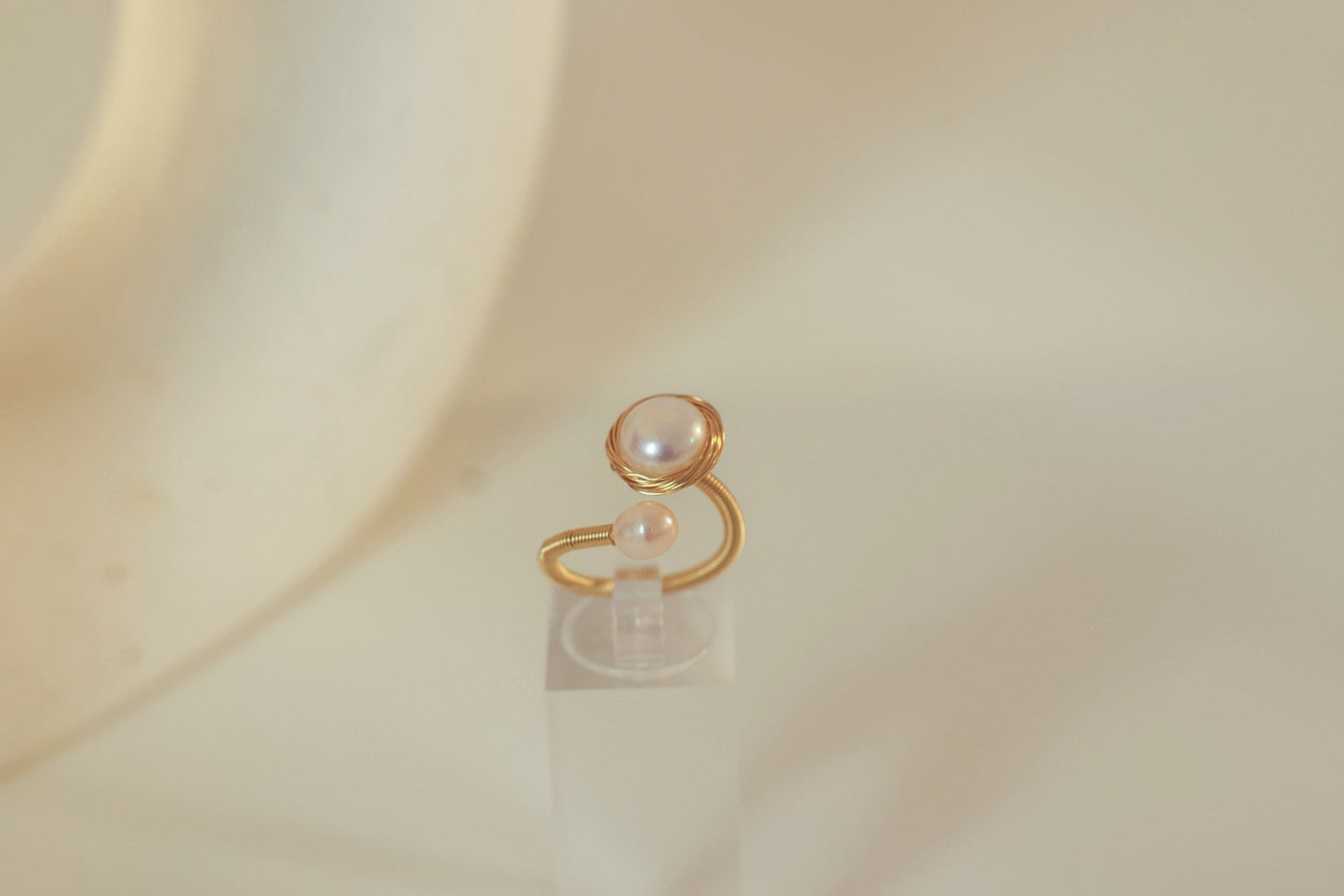 Gold Rim Double Freshwater Pearl Open Ring