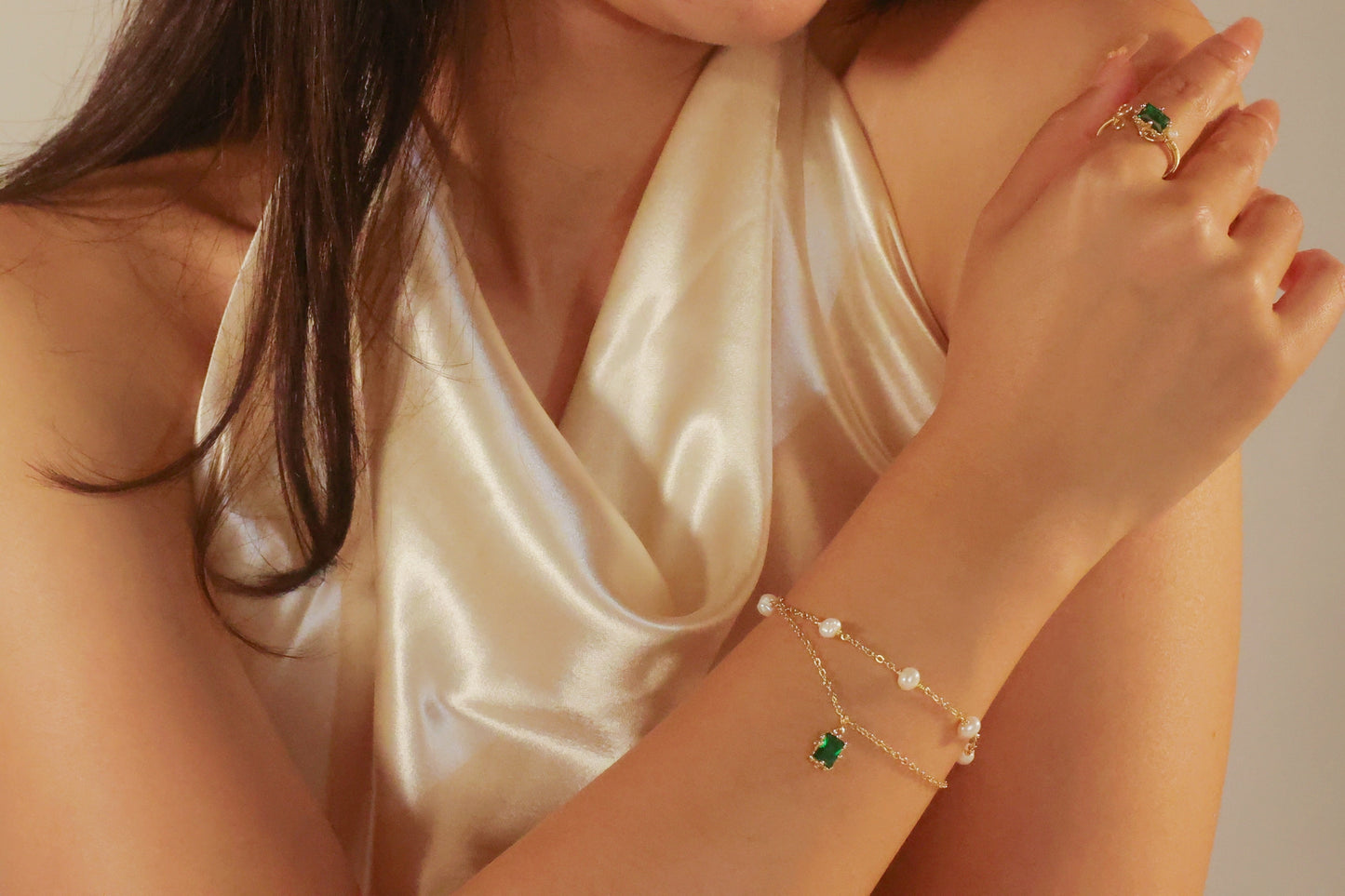 Double-Chain Emerald Gold Bracelet