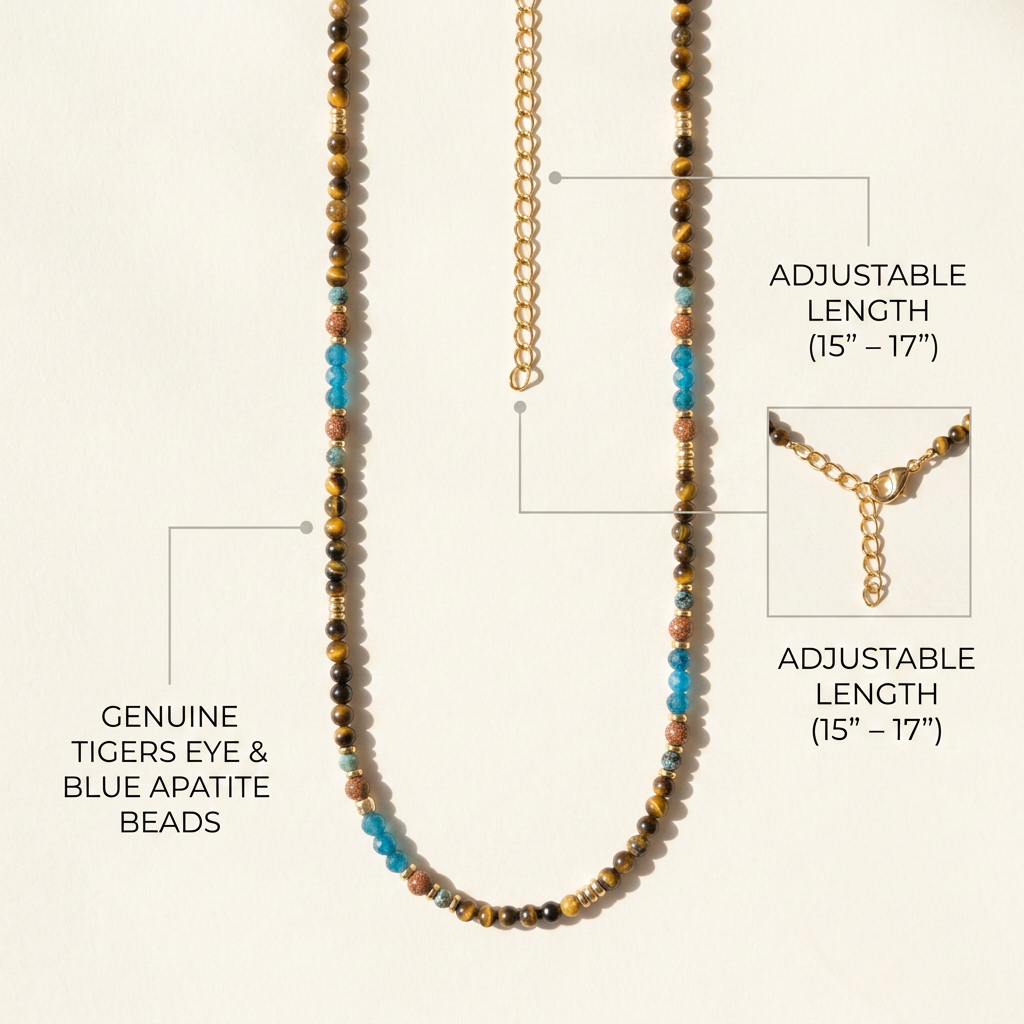 Graphic illustrating the adjustable length feature of the Terra Aura gemstone necklace with an 18K gold-plated extender.