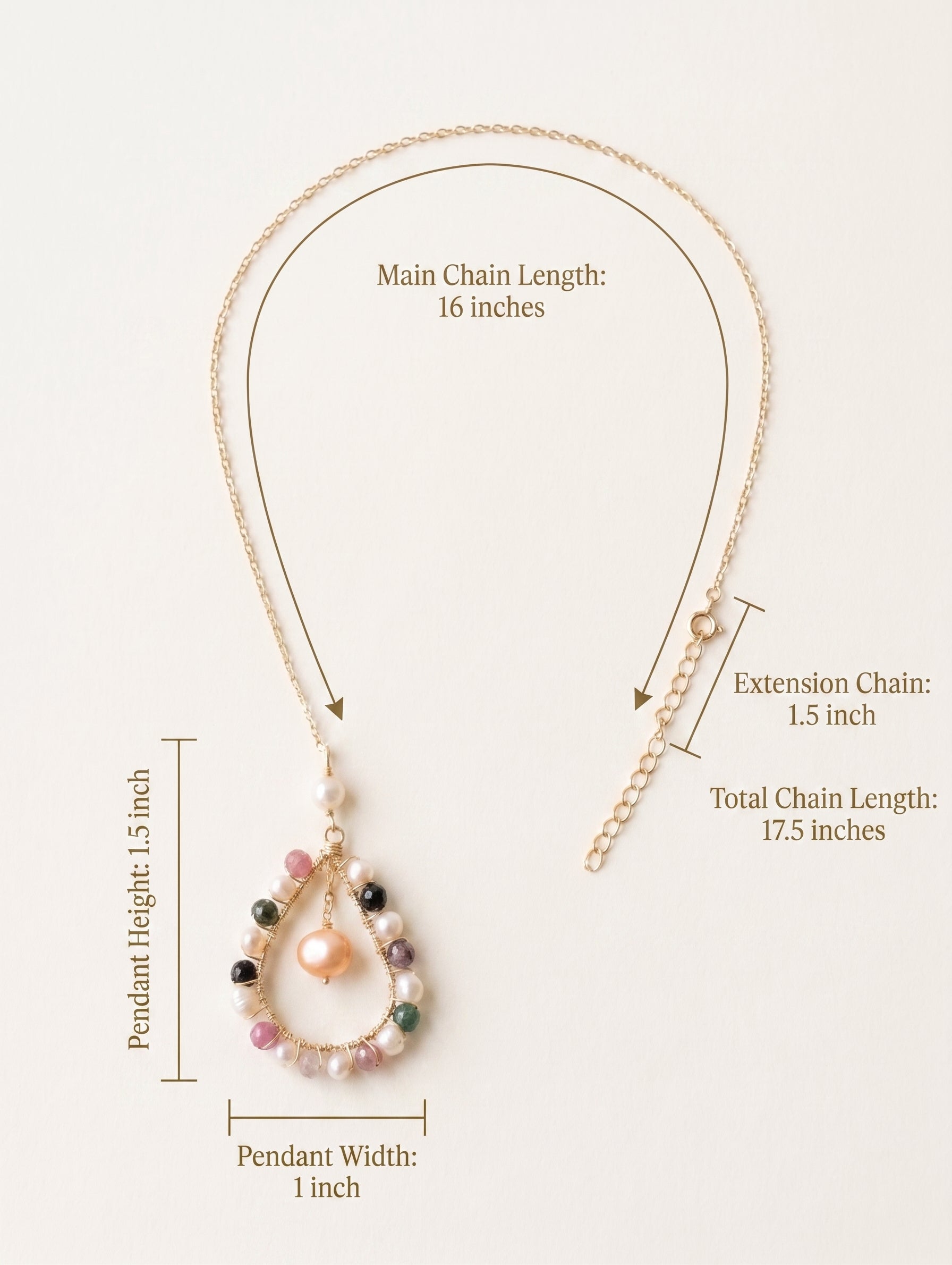 Necklace with measurements on a white background