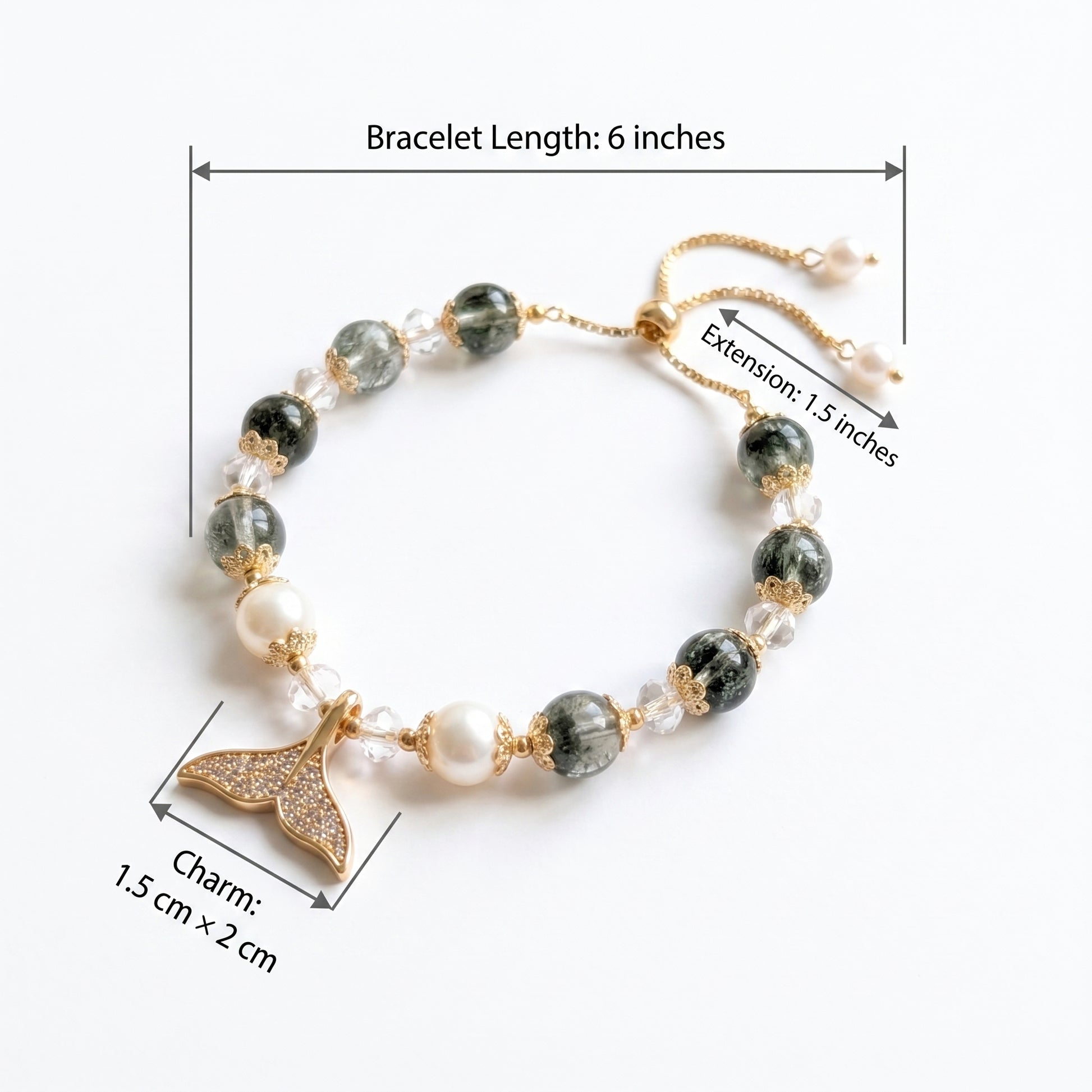 Product information graphic displaying the Ocean Reverie bracelet on a white background with text and lines detailing its dimensions, materials, and adjustable extension chain.