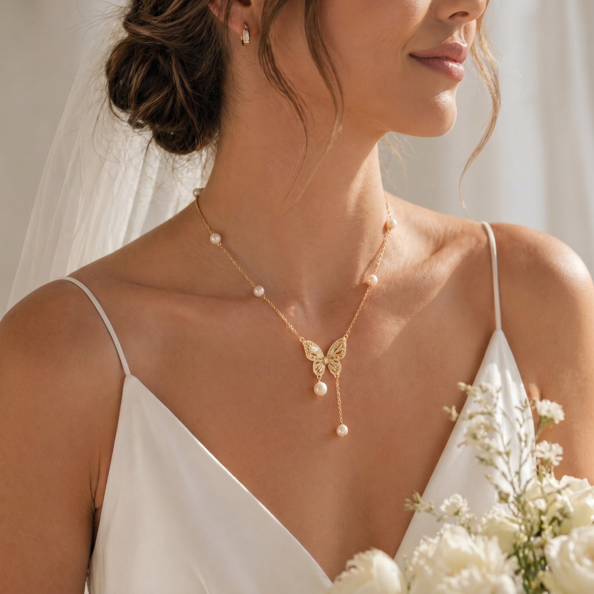 Model wearing the dainty gold butterfly necklace with natural pearl drop, styled for a wedding or elegant event