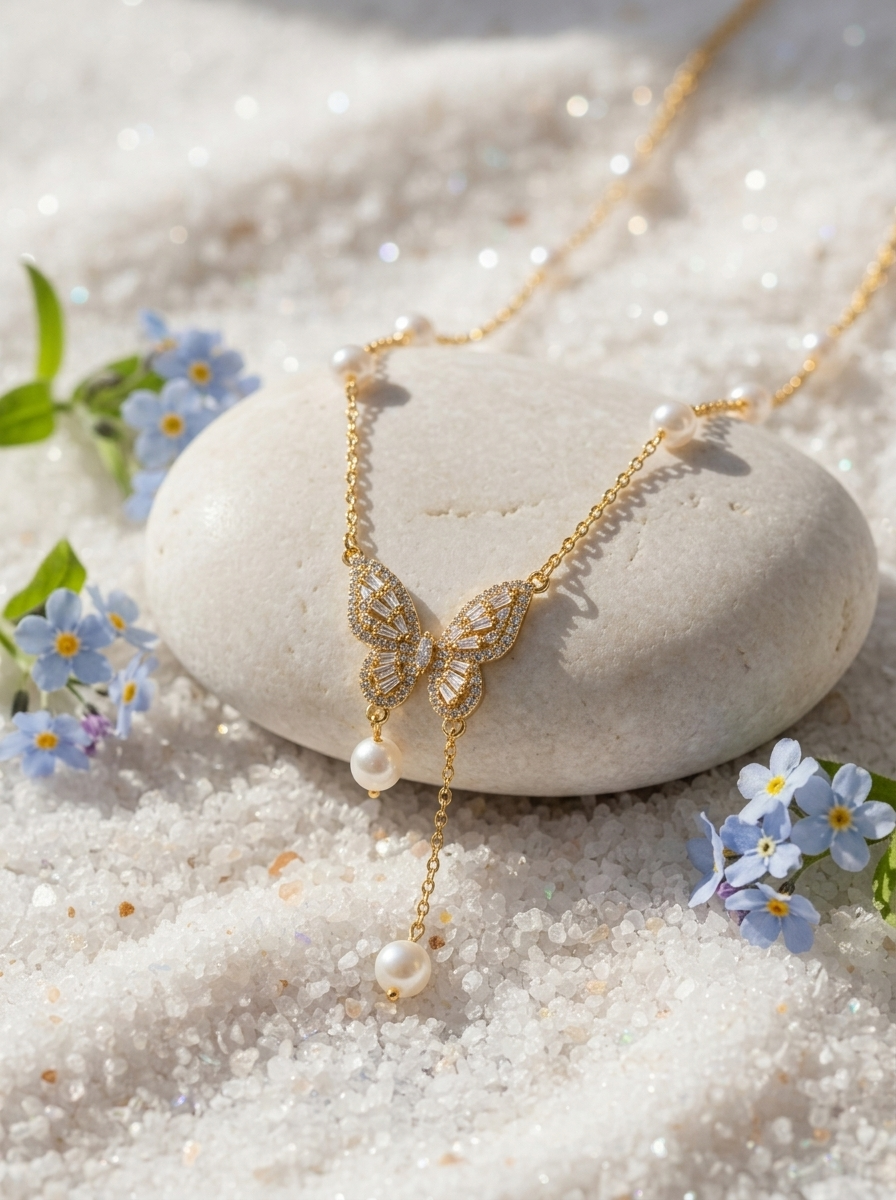 Close-up of the Mariposa gold butterfly and pearl pendant necklace on white fabric with delicate flowers, bridal jewelry