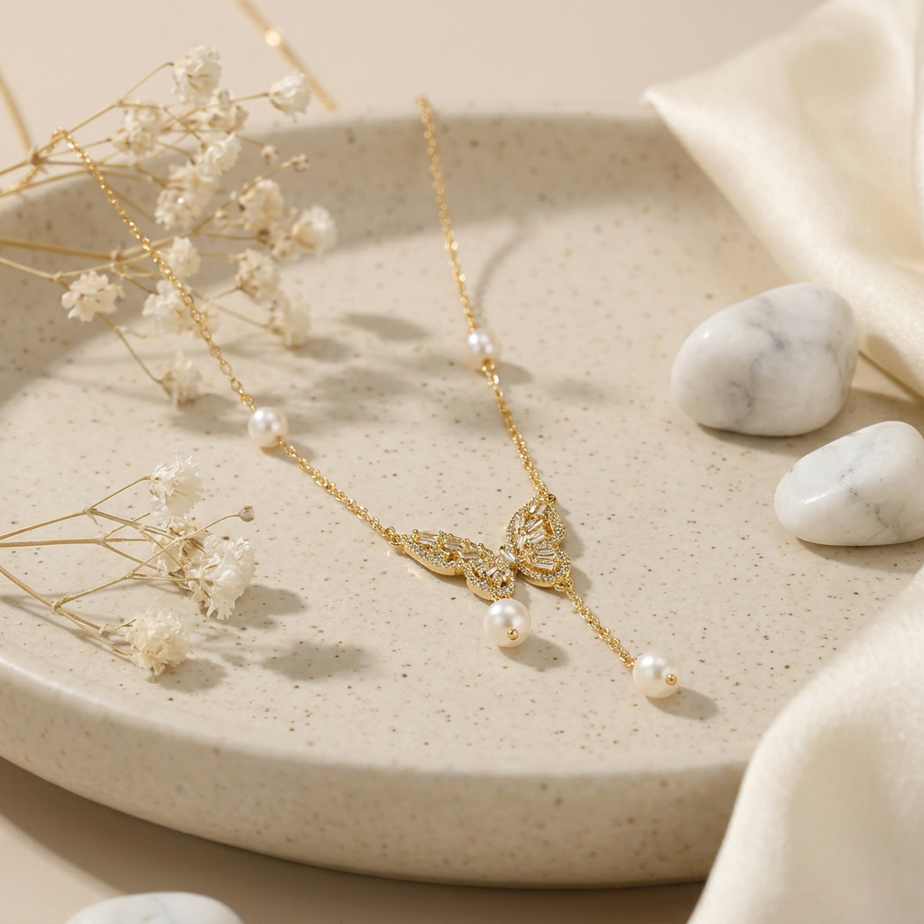 Minimalist gold-plated chain coiled to showcase the intricate butterfly pendant and statement pearl drop