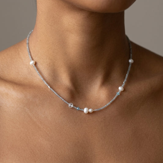 Handmade Aetheris Lunar Dew silver necklace featuring freshwater pearls and moonstone beads - Whisperland Studio