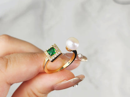 Emerald & Freshwater Open Pearl Ring