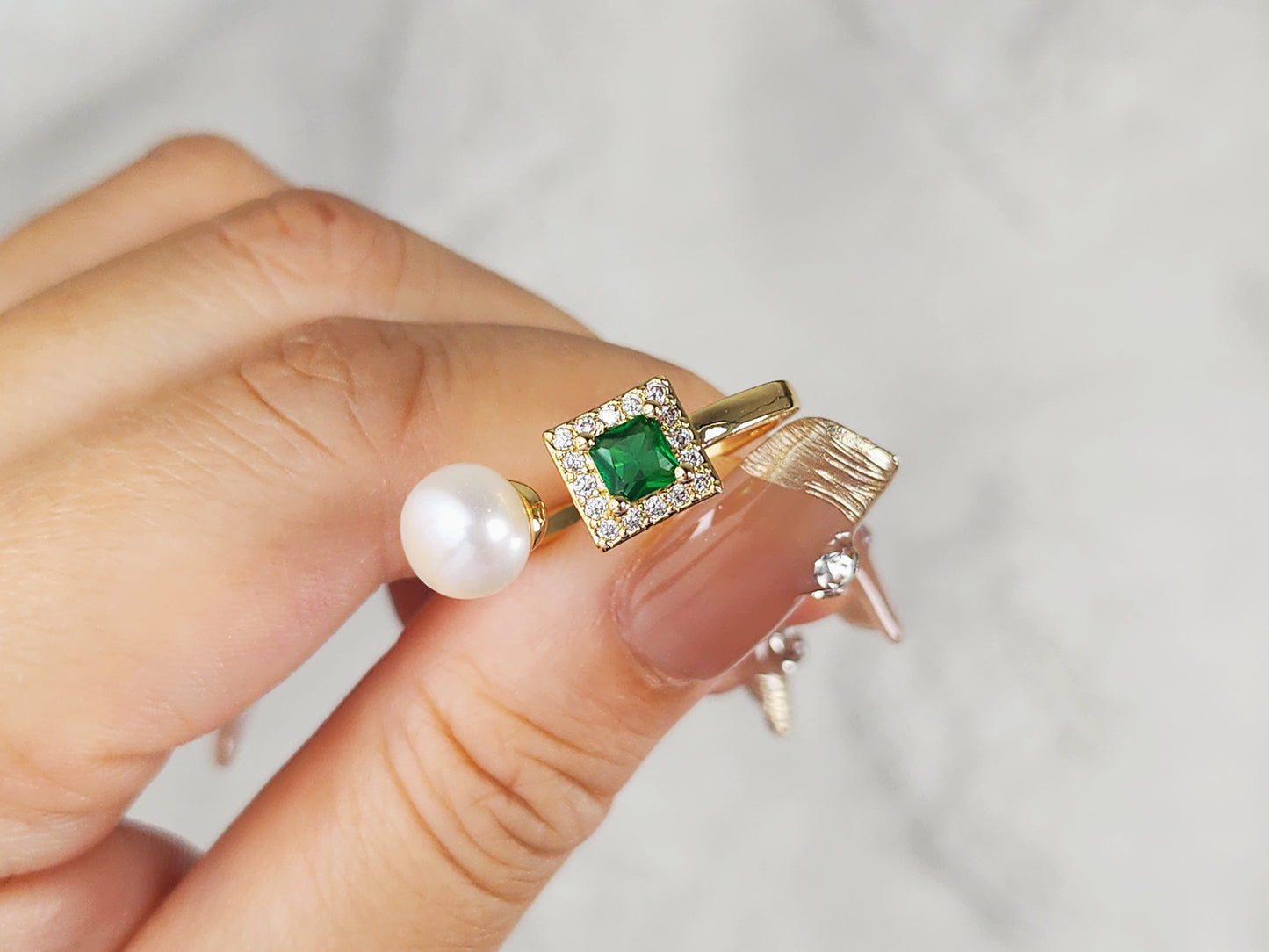 Emerald & Freshwater Open Pearl Ring