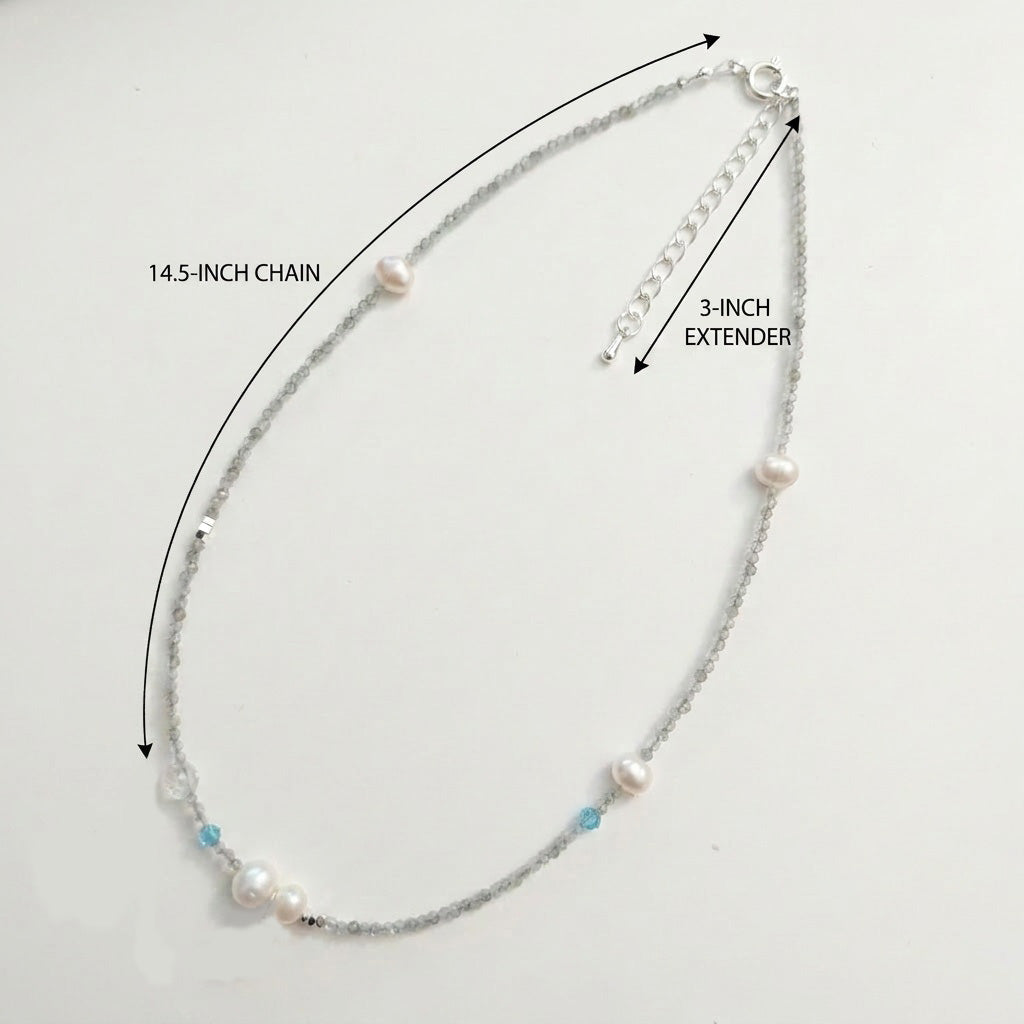 Size guide for Aetheris Lunar Dew silver necklace showing 14.5-inch chain and 3-inch extender by Whisperland Studio