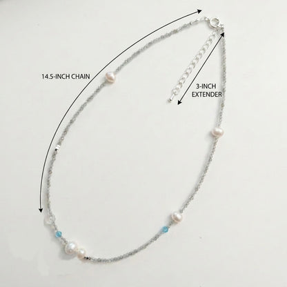 Size guide for Aetheris Lunar Dew silver necklace showing 14.5-inch chain and 3-inch extender by Whisperland Studio