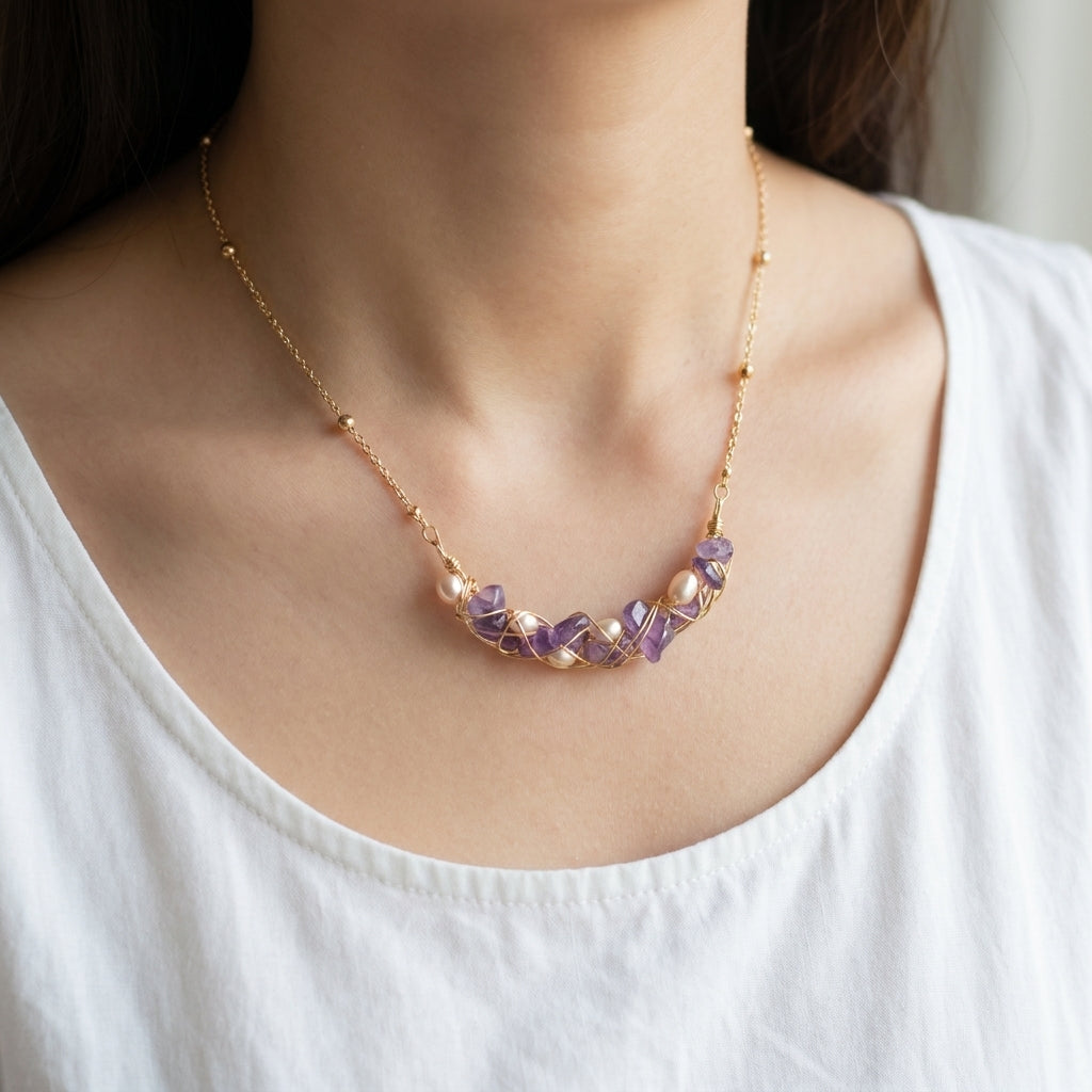 Dainty natural amethyst and pearl jewelry piece isolated on a clean background.