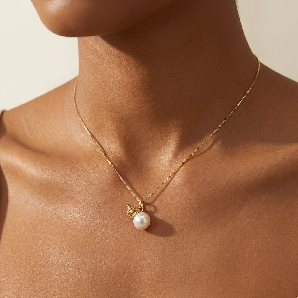 Gold necklace with a pearl pendant on a person's neck against a neutral background