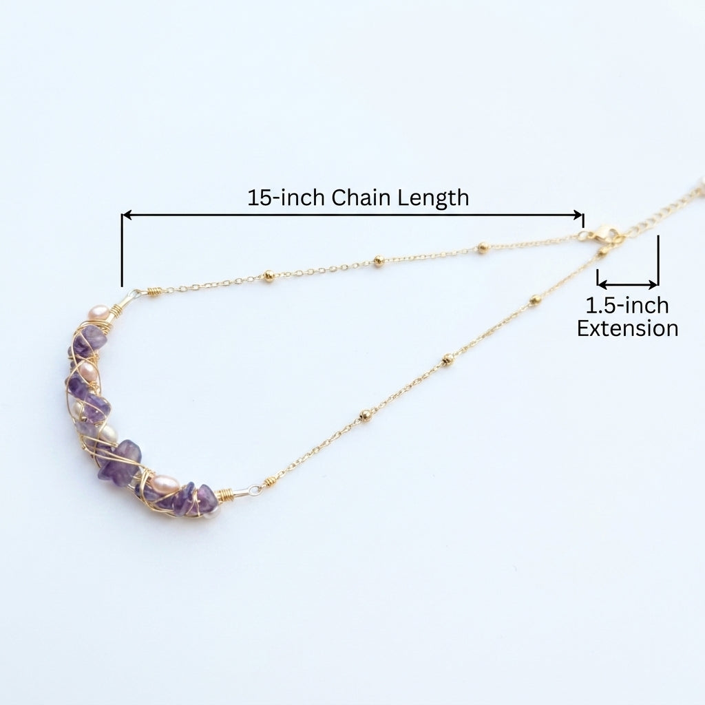 Size and length guide diagram for the 15-inch Amethyst Whisper necklace with a 2-inch extender.