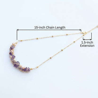 Size and length guide diagram for the 15-inch Amethyst Whisper necklace with a 2-inch extender.