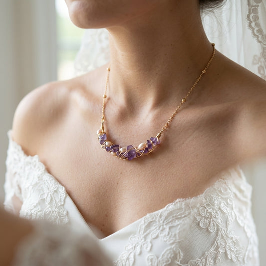 Model wearing the Amethyst Whisper dainty natural amethyst and freshwater pearl gold necklace.