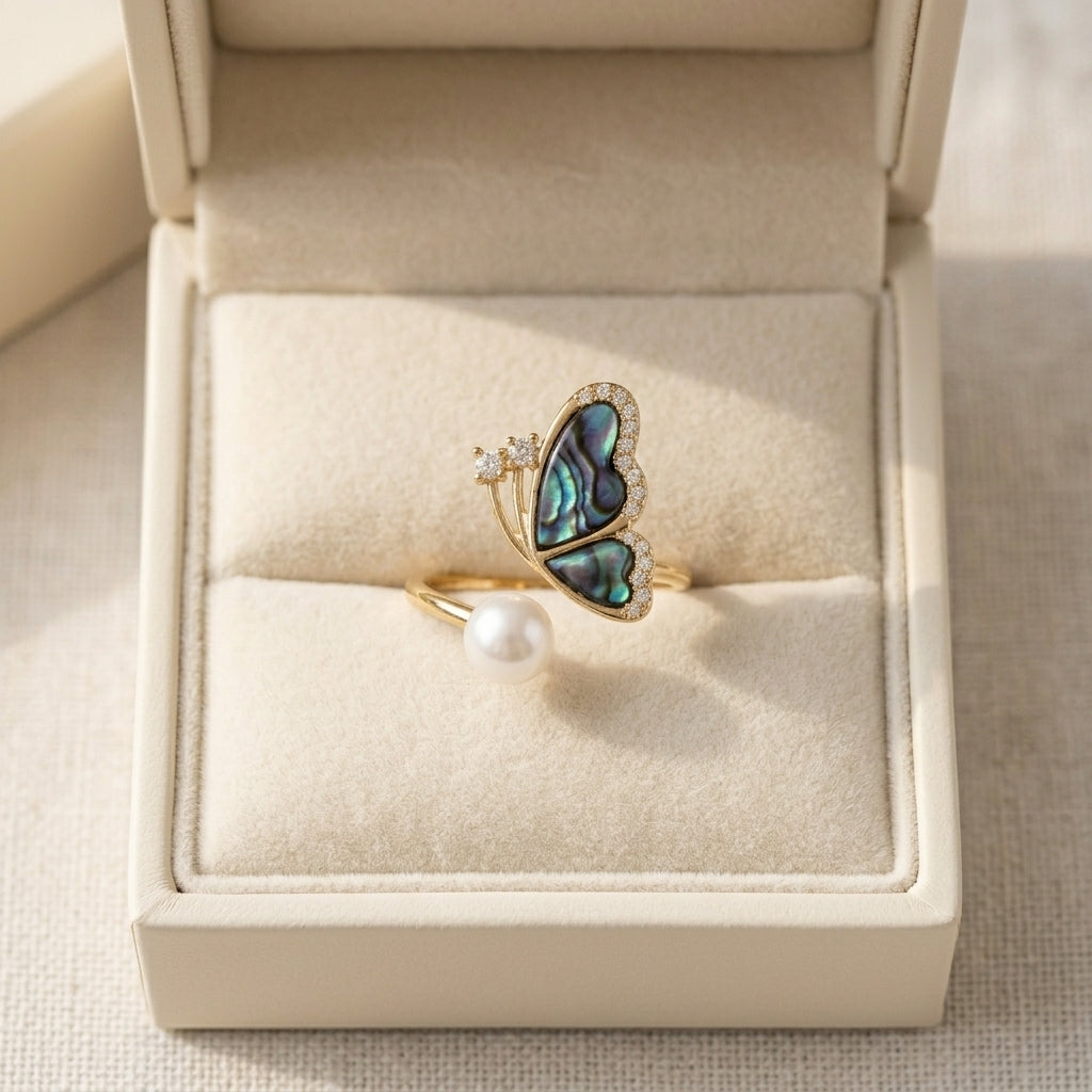 Aura Abalone Butterfly Ring displayed in a premium beige velvet jewelry box for gifting by Whisperland Studio