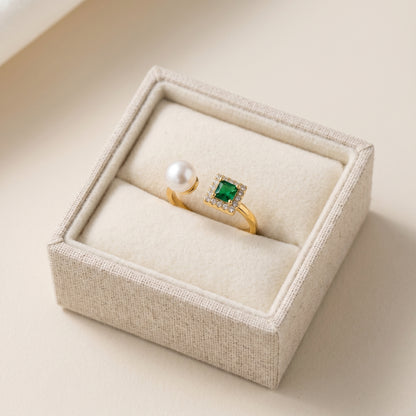 The 'Muse' Emerald & Freshwater Pearl Open Ring - Adjustable Gold