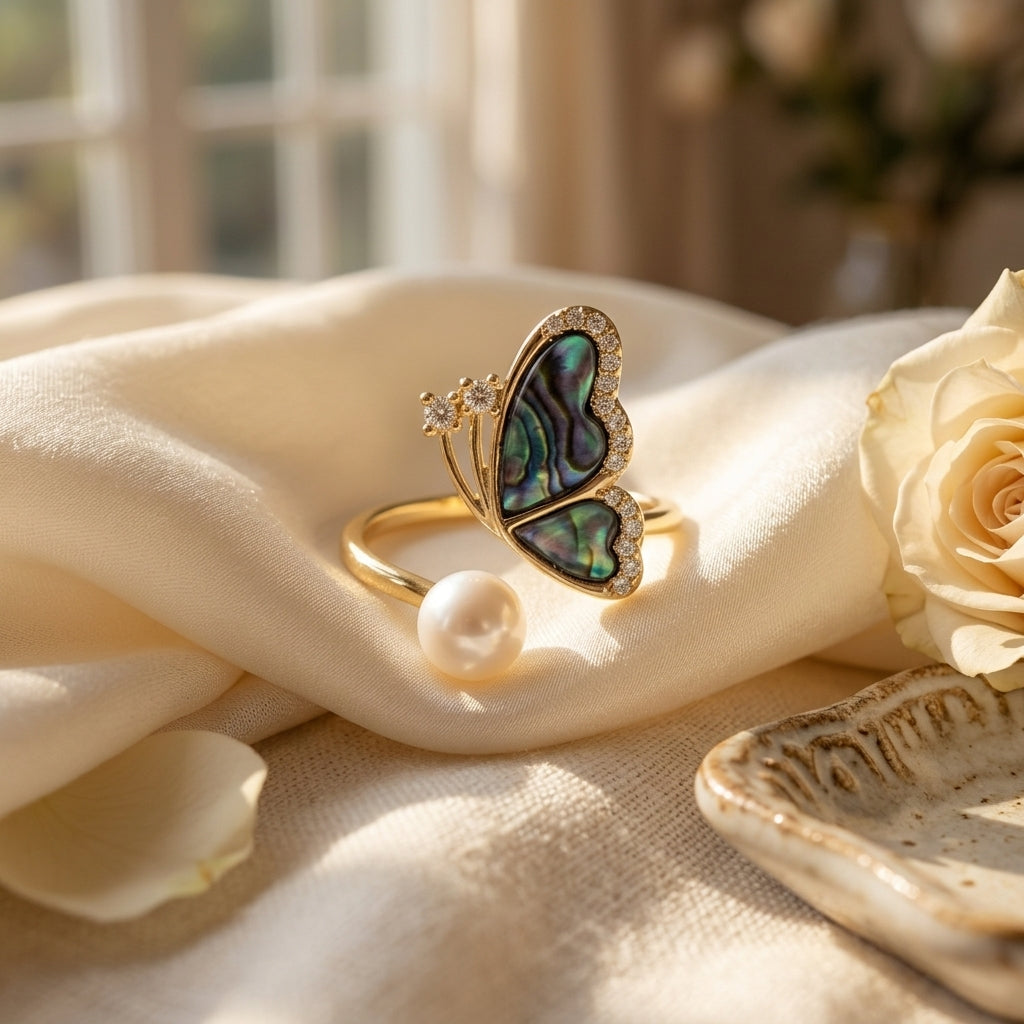 Top view of 14K gold plated butterfly ring featuring iridescent abalone shell and pearl