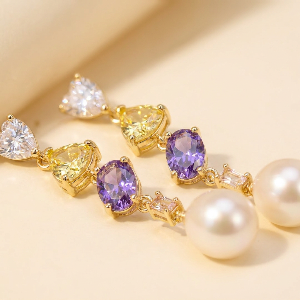 Sparkly Zircon & Freshwater Pearl Dangle Earrings, Wedding Jewelry