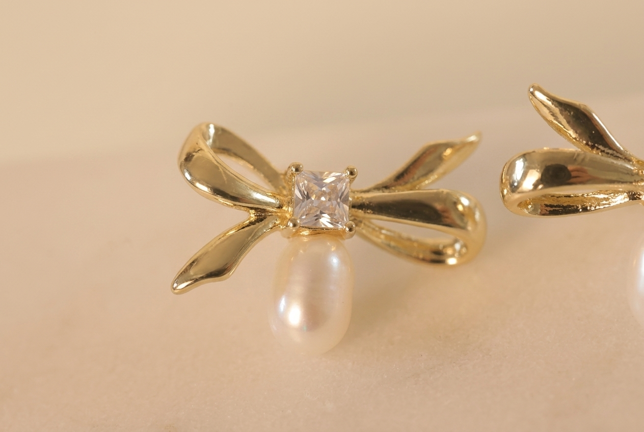 Dainty Bow Freshwater Pearl Drop Earring,Best Wedding Gift