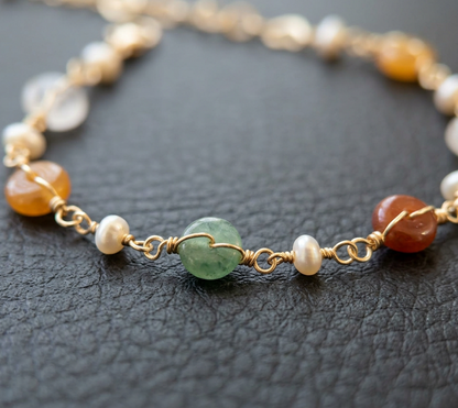 Elara Freshwater Pearl & Aventurine Bracelet | Dainty 14K Gold Plated Gemstone Jewelry