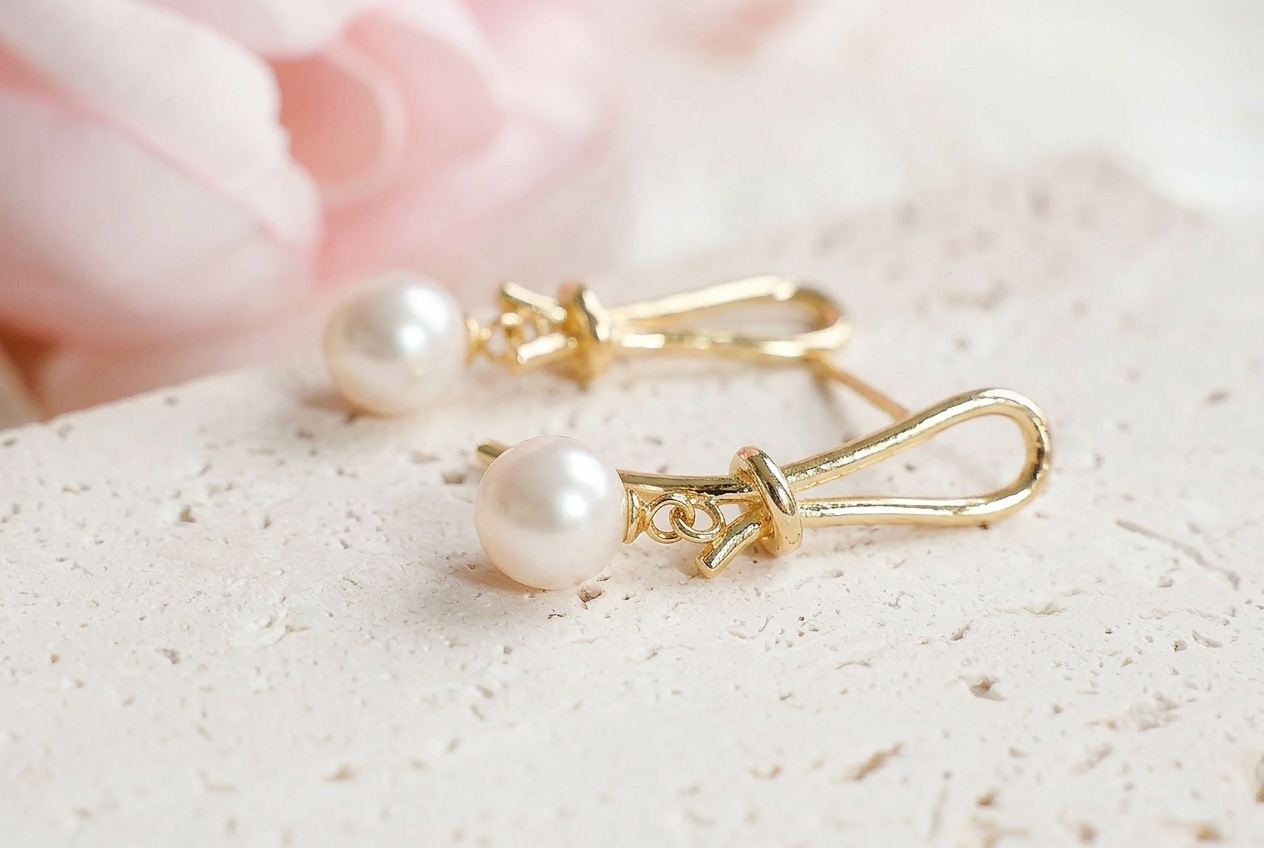 Freshwater Pearl Gold Knot Drop Earrings, Best Gift Ideas