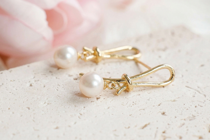 Freshwater Pearl Gold Knot Drop Earrings, Best Gift Ideas